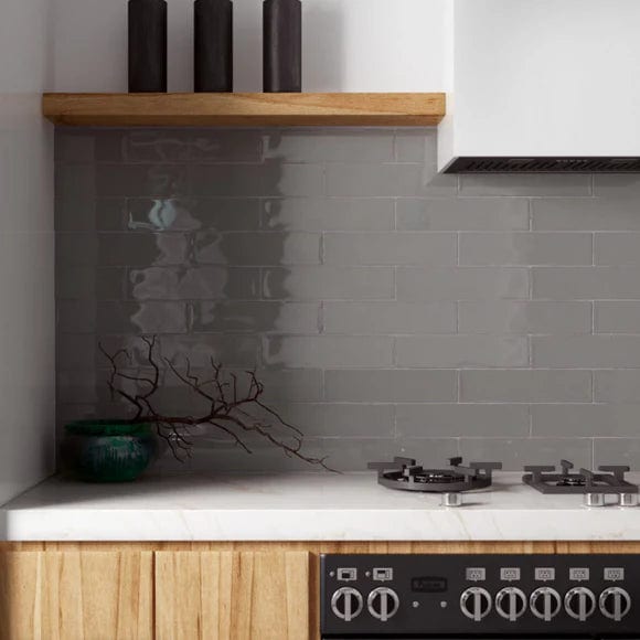 Load image into Gallery viewer, masia tile in gris obscuro, 7.5x30cm in the kitchen
