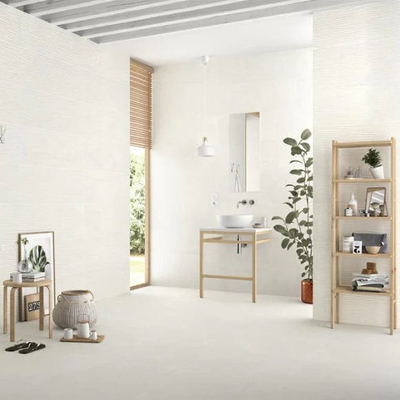 Load image into Gallery viewer, newlyn tile in almond, 33.3x90cm displayed in the bathroom

