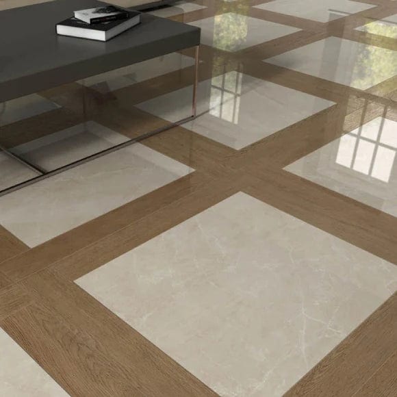 Load image into Gallery viewer, polo pul tile in beige, 79x79cm displayed as flooring
