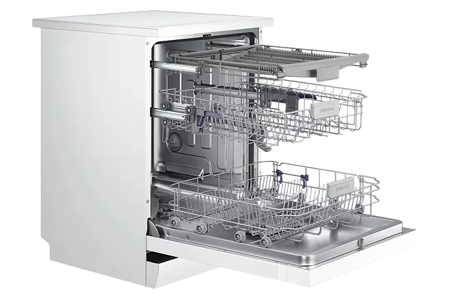 Load image into Gallery viewer, white dishwasher with drawers pulled out

