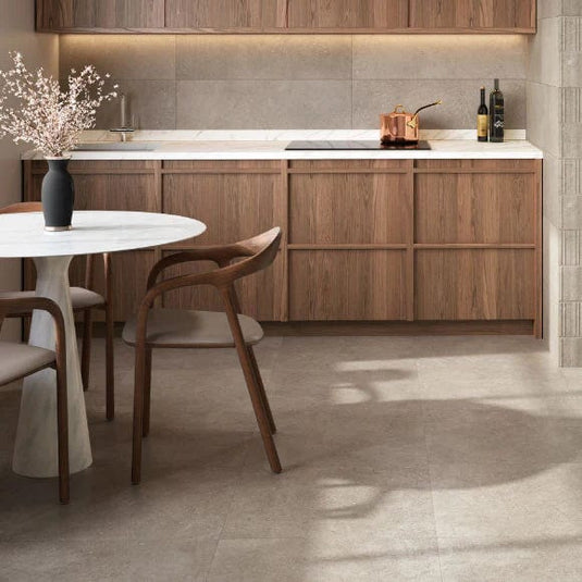 shellstone dry tile in greige, 60x60cm displayed in the kitchen