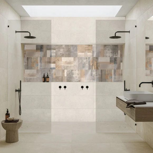 Load image into Gallery viewer, shellstone dry tile in white, 30x60cm in the bathroom
