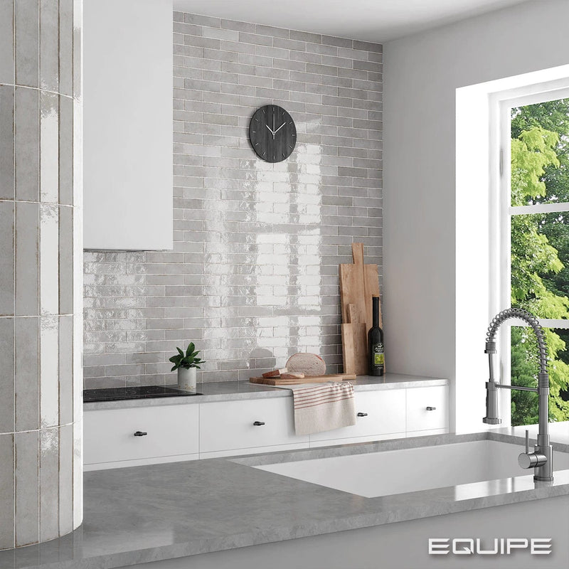 Load image into Gallery viewer, tribeca tile in grey whisper, 6x24.6cm in the kitchen

