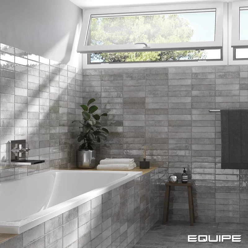 Load image into Gallery viewer, tribeca tile in grey whisper, 6x24.6cm in the bathroom
