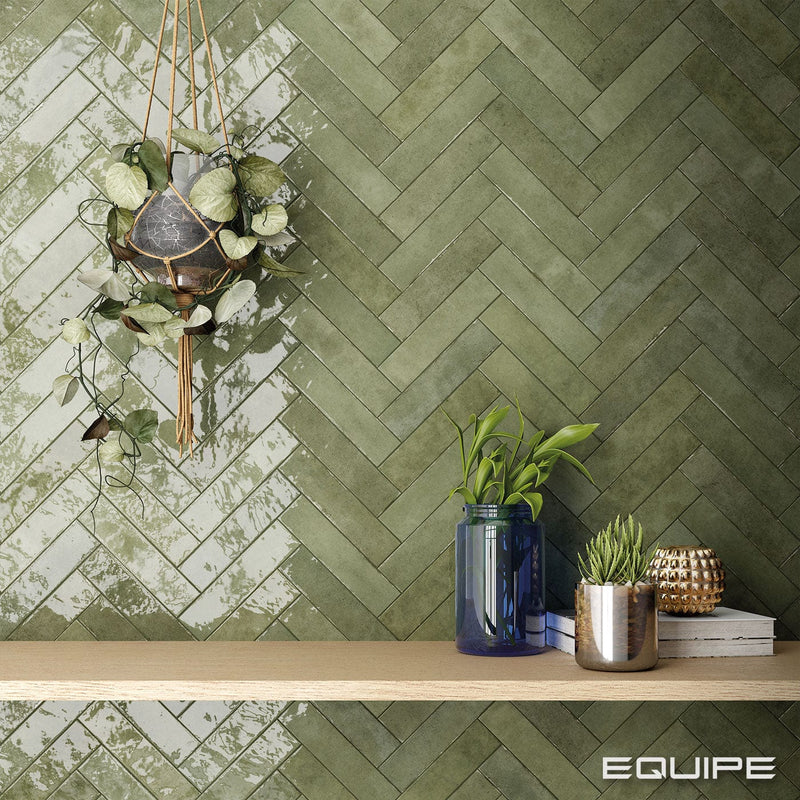 Load image into Gallery viewer, tribeca tile in sage green, 6x24.6cm above the shelf
