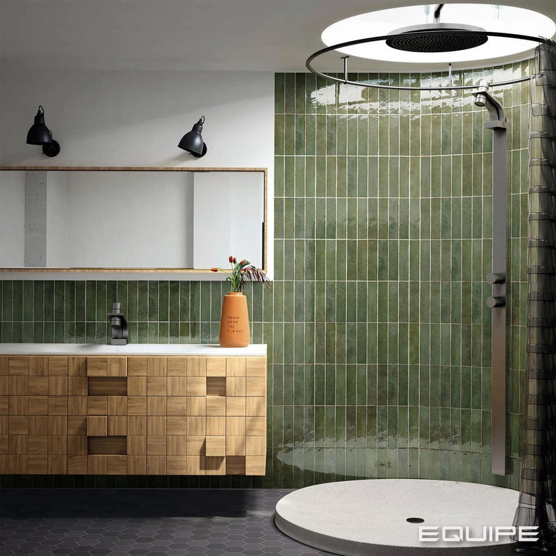 Load image into Gallery viewer, tribeca tile in sage green, 6x24.6cm in the bathroom
