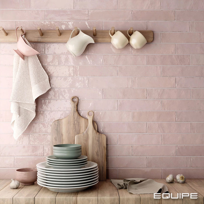 Load image into Gallery viewer, tribeca tile in tea rose, 6x24.6cm, in the kitchen
