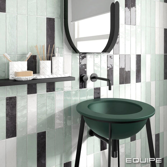 tribeca tile in seaglass mint, 6x24.6cm in the bathroom