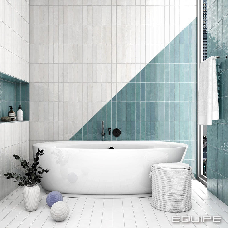 Load image into Gallery viewer, tribeca tile in gypsium white, 6x24.6cm in the bathroom
