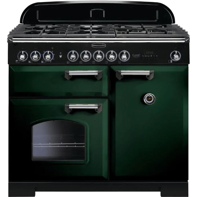 dual fuel rangemaster classic deluxe 100 in green with chrome trim