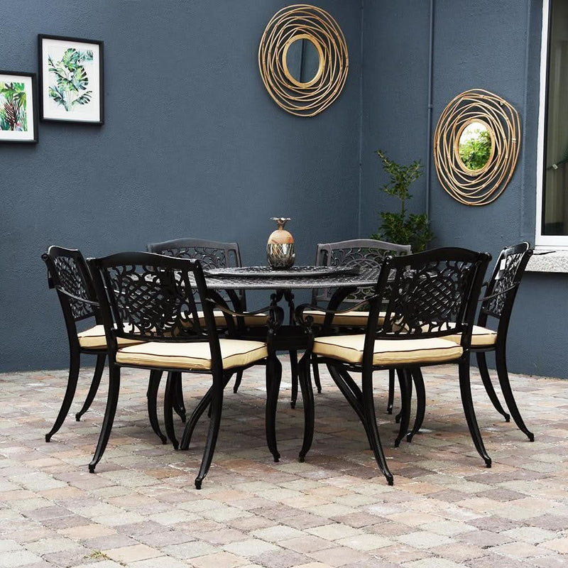 Load image into Gallery viewer, bronze 6 seat set with cream cushions &amp; a round table with a lazy susan  
