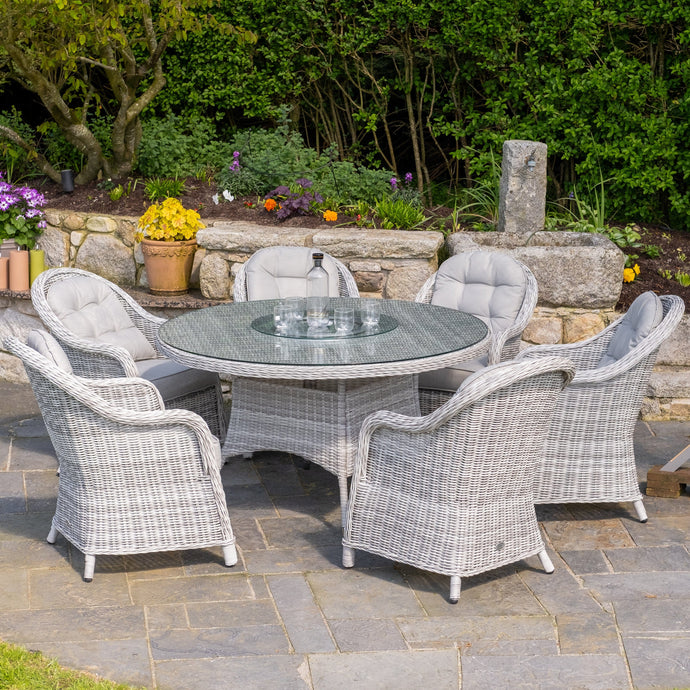 light grey 6 seater set with glass topped round table & lazy susan