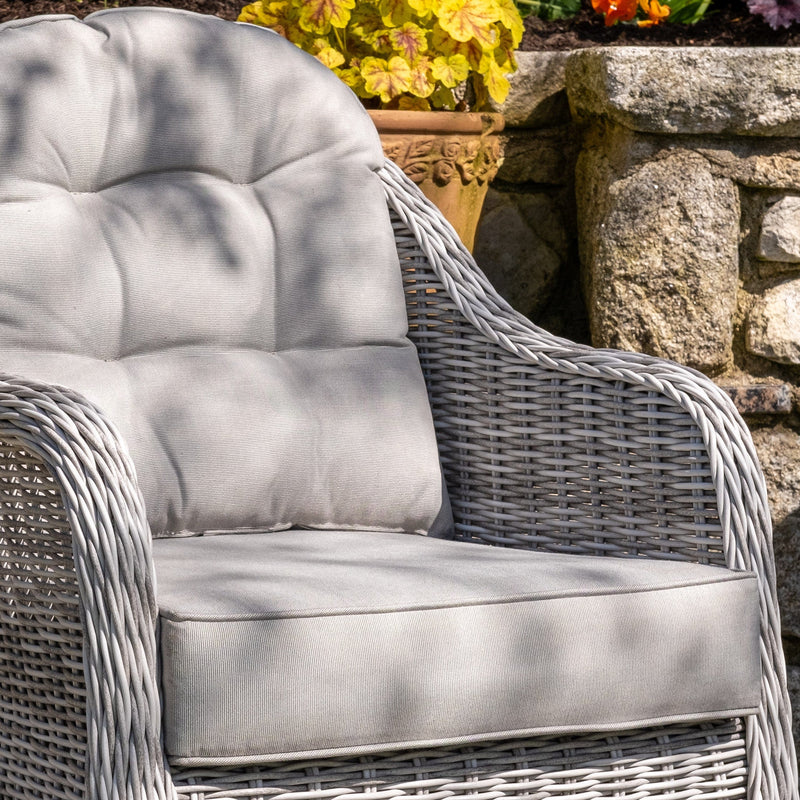 Load image into Gallery viewer, light grey curved armchair with light grey back and base cushions
