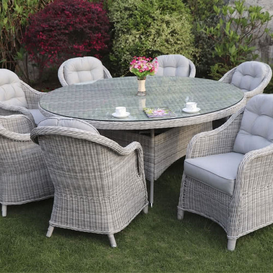 grey 8 seater set with glass topped round table