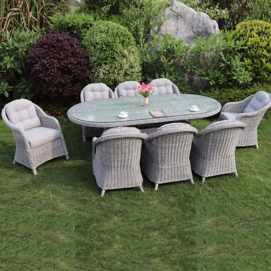 light grey 8 seater set with glass topped oval table 