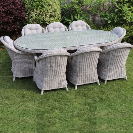 light grey 8 seater set with glass topped oval table 