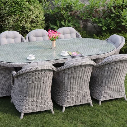 light grey 8 seater set with glass topped oval table 