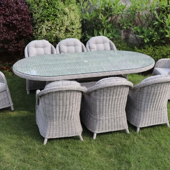 Load image into Gallery viewer, light grey 8 seater set with glass topped oval table 
