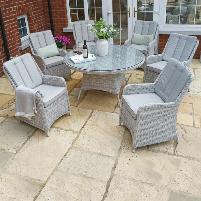 grey 6 seater round set with glass topped table