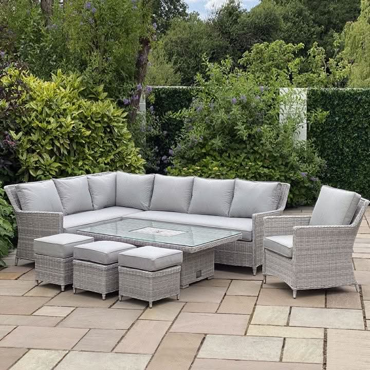 Load image into Gallery viewer, grey corner sofa set with rectangular glass topped rising table with ice bucket and 3 stools &amp; 1 armchair
