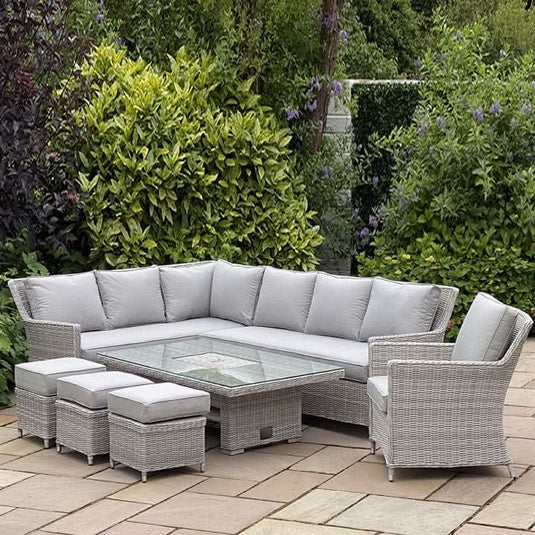 grey corner sofa set with rectangular glass topped rising table with ice bucket and 3 stools & 1 armchair