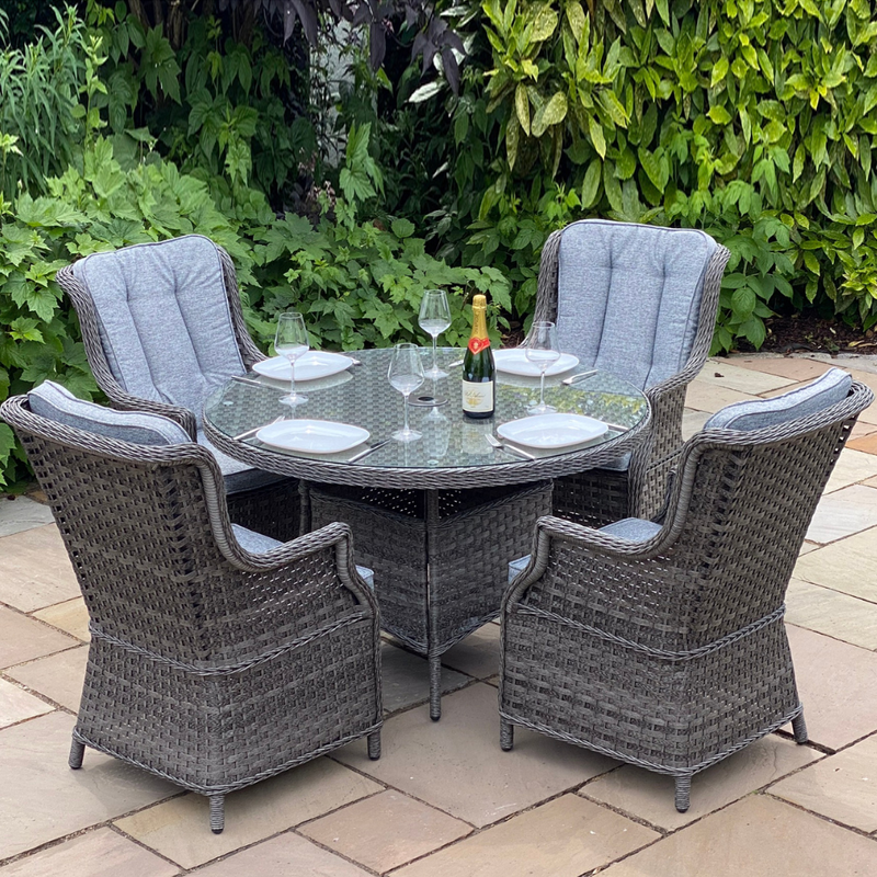 Load image into Gallery viewer, 4 seater dark grey garden furniture set with round table (glass topped)
