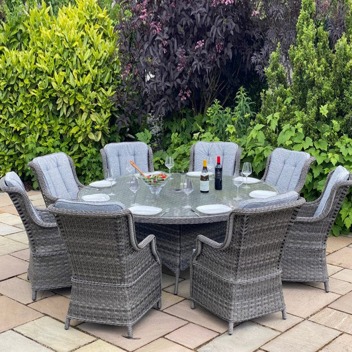 8 seater dark grey garden furniture set with round table (glass topped)