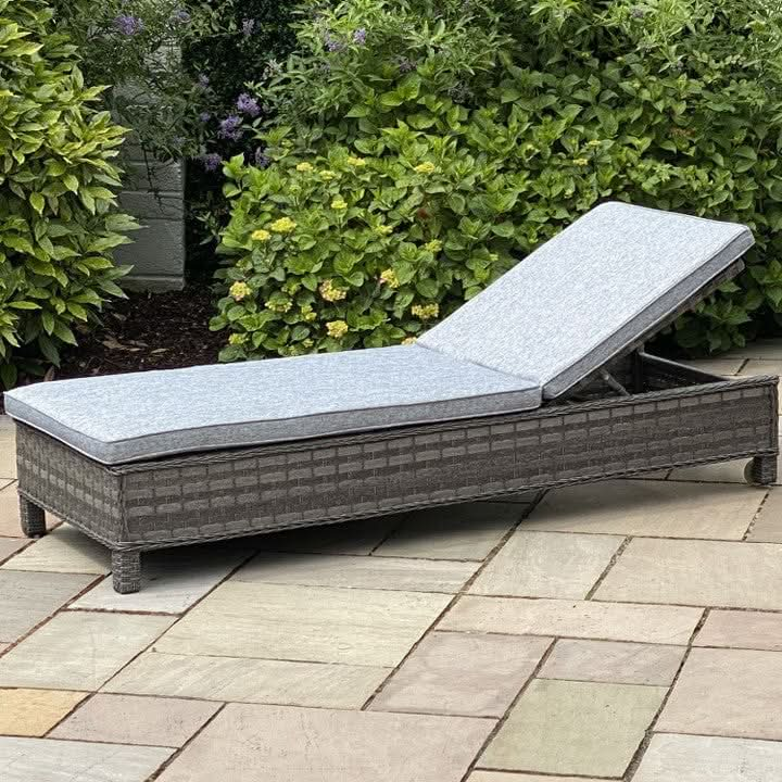 Load image into Gallery viewer, dark grey woven synthetic rattan lounger with grey cushions
