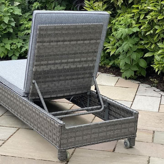 rear view of the lounger. wheels found on the lounger legs for easy movement