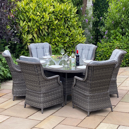 6 seater dark grey garden furniture set with glass topped oval table
