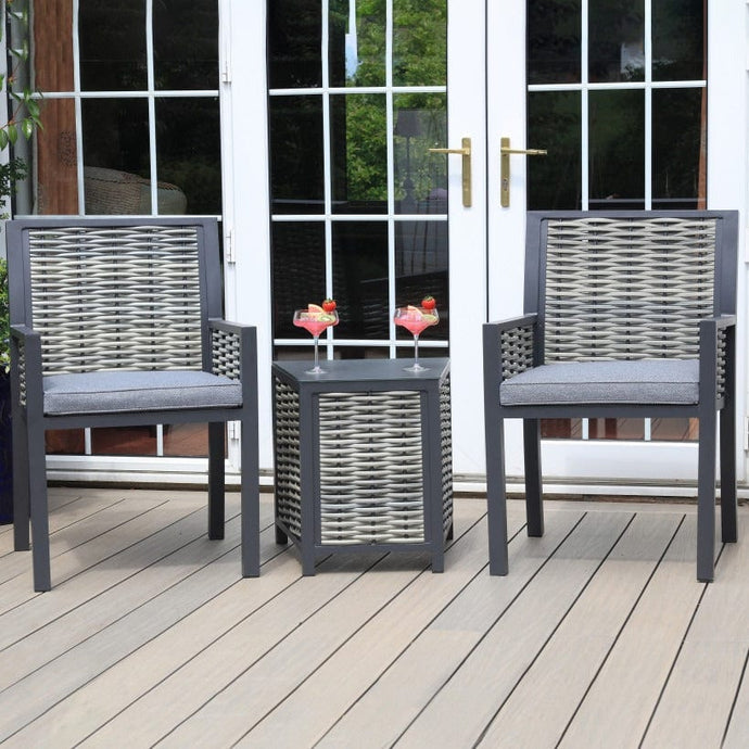 grey bistro set with small table and 2 armchairs