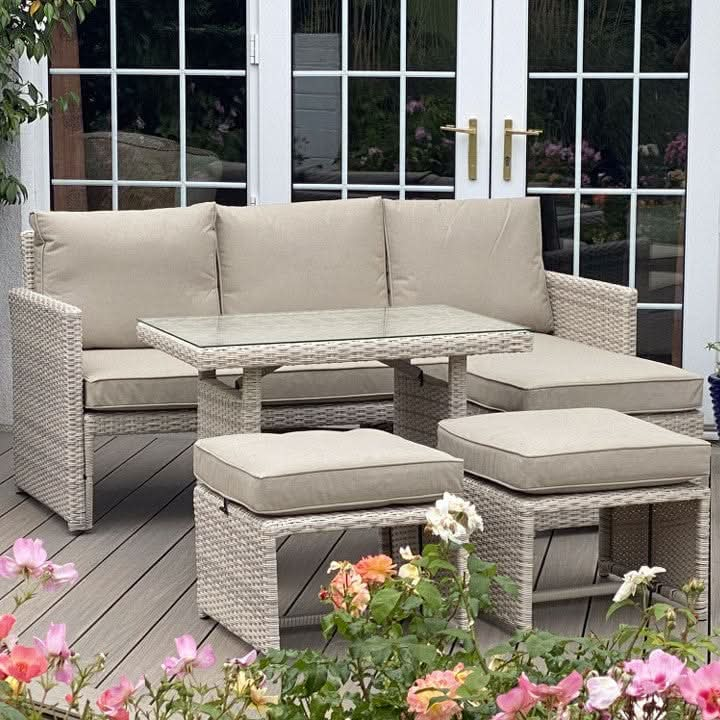 Załaduj obraz do przeglądarki galerii, cream corner sofa set with glass topped rectangular table and 2 footstools
