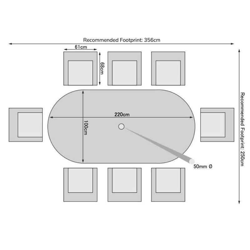 Load image into Gallery viewer, 8 seater oval table set in a natural colour dimensions
