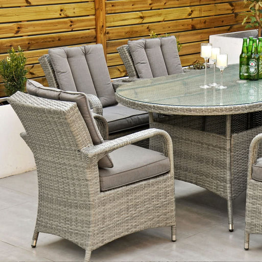 8 seater light grey set with glass topped oval table