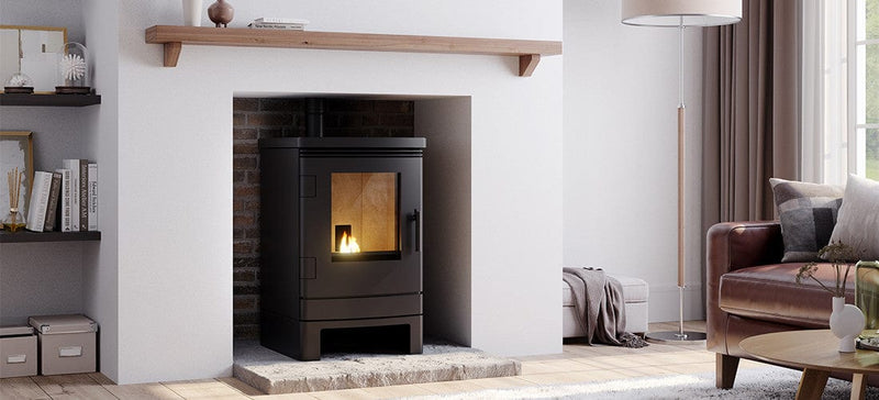 Load image into Gallery viewer, Nordic Finn with Pedestal Compartment Wood Pellet Stove | 6.5kW | Black | NOFP101589
