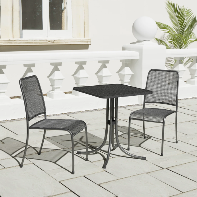 grey bistro set with 2 chairs and a square table