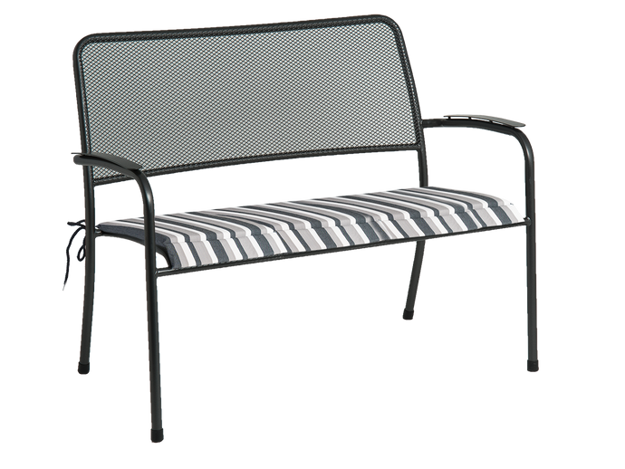 thermosint coated galvanised steel framed grey bench with charcoal striped cushion