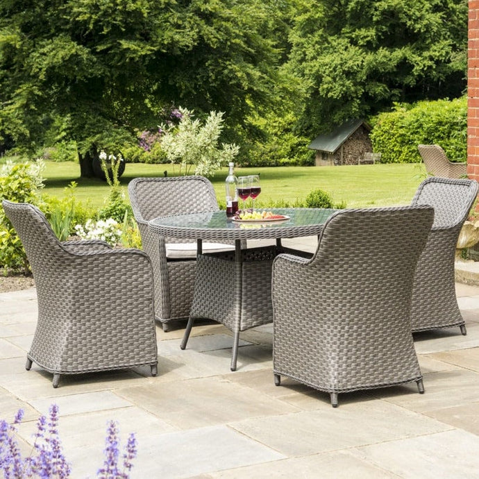 grey 4 seater garden furniture set with a 1.25m round table with glass top