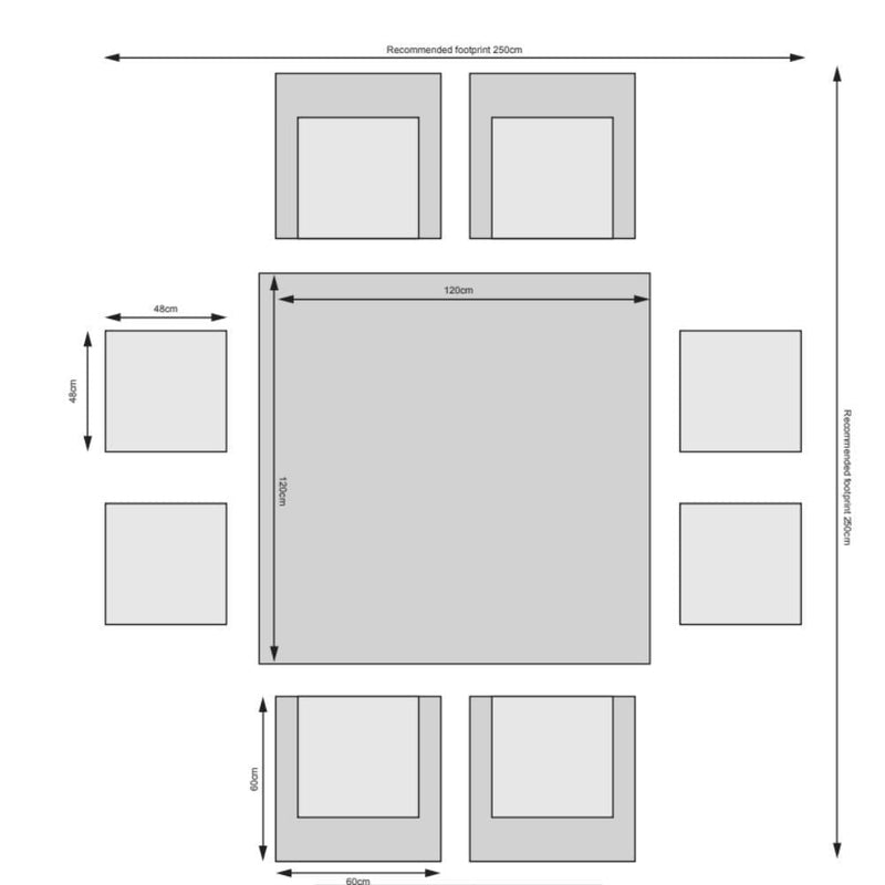 Load image into Gallery viewer, light grey 4 seater cube garden furniture set with 4 stools and a glass topped square table dimensions
