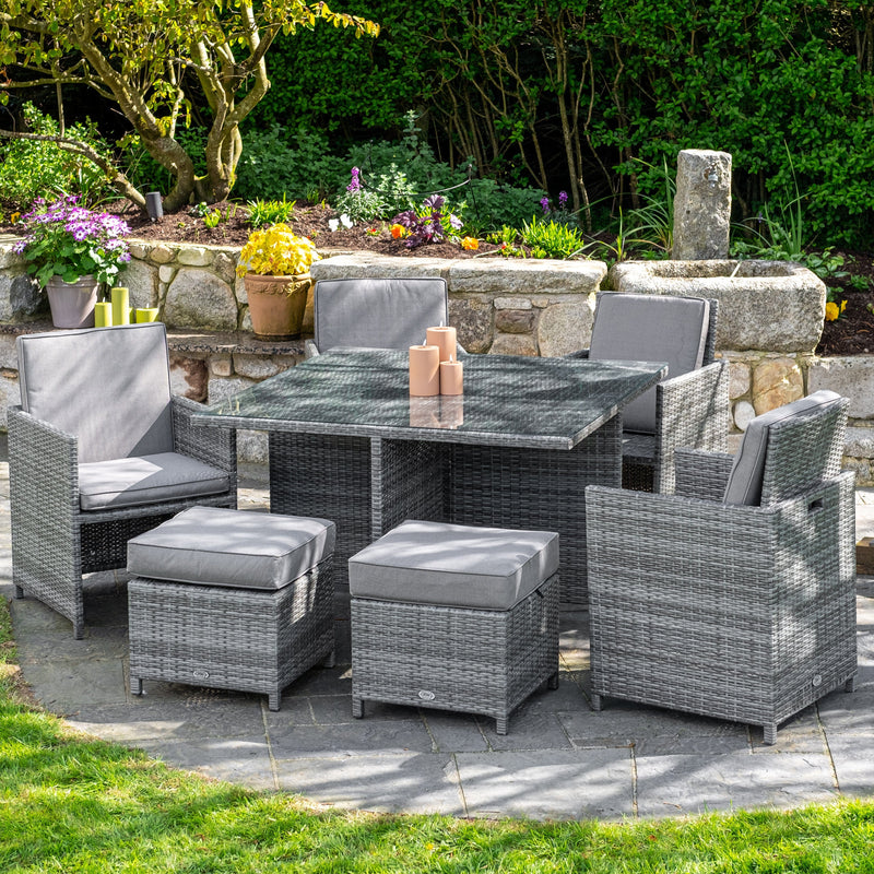 Load image into Gallery viewer, light grey 4 seater cube garden furniture set with 4 stools and a glass topped square table
