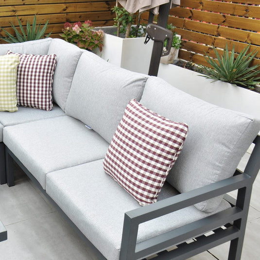 dark grey corner sofa with grey back and base cushions