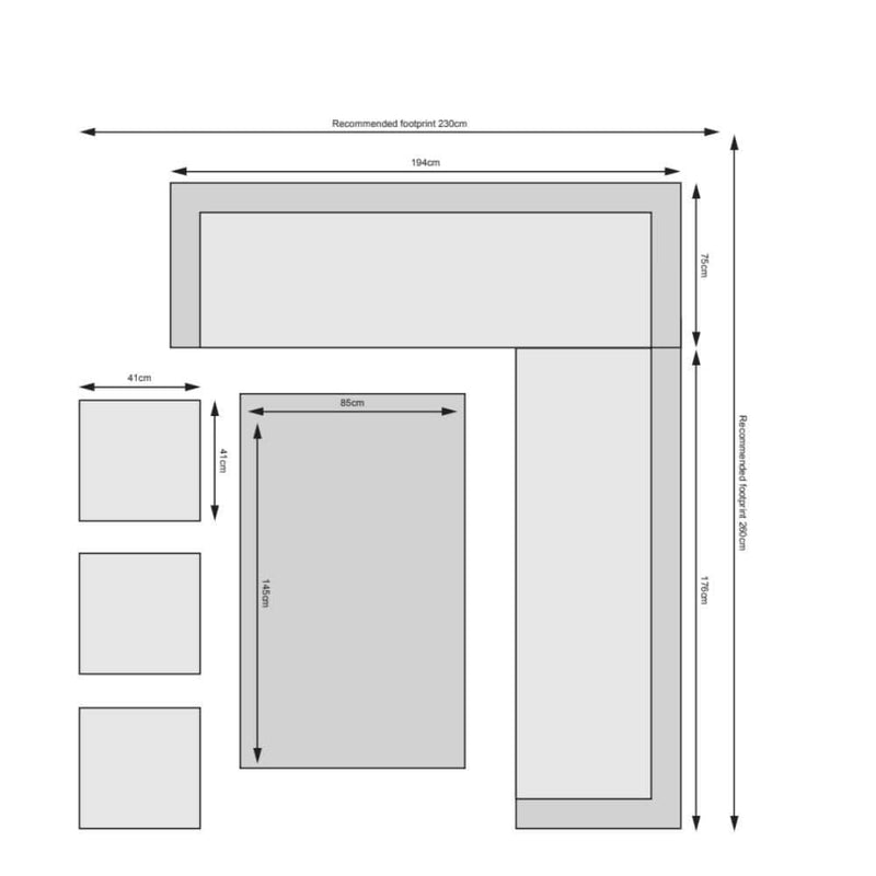 Load image into Gallery viewer, grey corner sofa set with rectangular glass topped table and 3 stools dimensions
