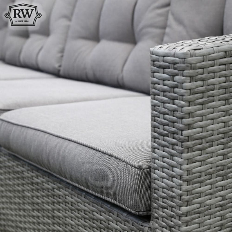 Load image into Gallery viewer, light grey woven synthetic rattan with light grey back and base cushions
