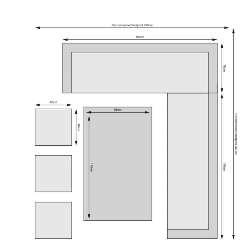 Load image into Gallery viewer, light grey corner set with glass topped rectangular table with 3 stools dimensions
