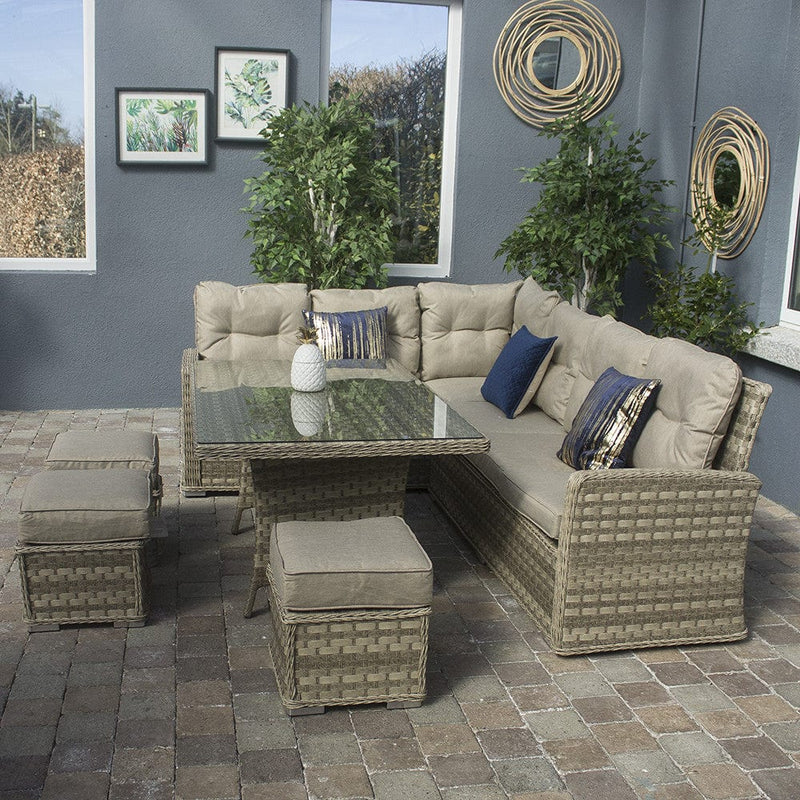 Załaduj obraz do przeglądarki galerii, casual sofa dining set in a natural colour with a glass topped rectangular table and 3 stools
