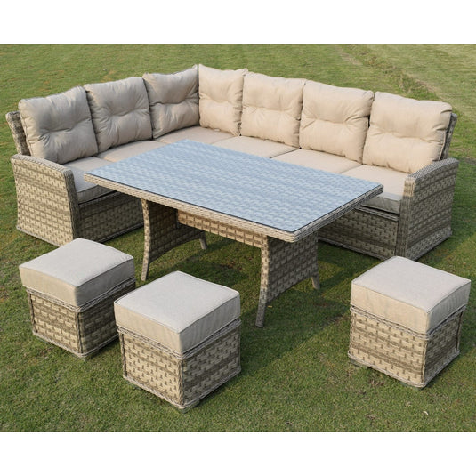 casual sofa dining set in a natural colour with a glass topped rectangular table and 3 stools
