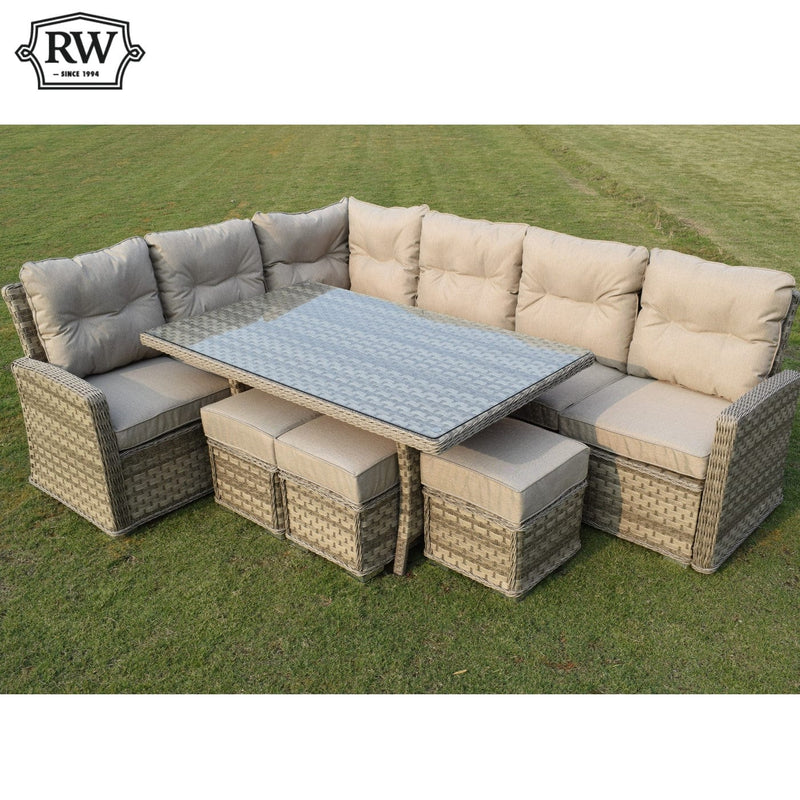 Load image into Gallery viewer, casual sofa dining set in a natural colour with a glass topped rectangular table and 3 stools

