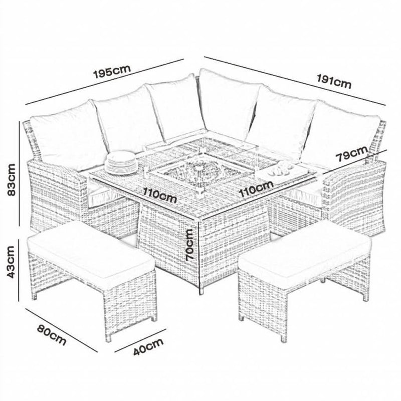 Load image into Gallery viewer, grey corner sofa set with square glass topped firepit table and 2 stools dimensions
