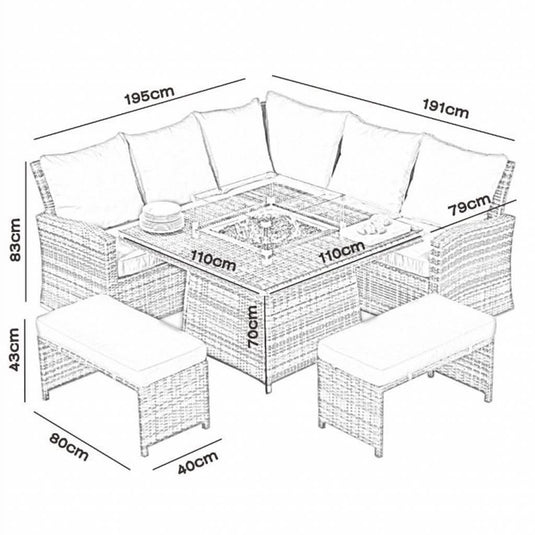 grey corner sofa set with square glass topped firepit table and 2 stools dimensions