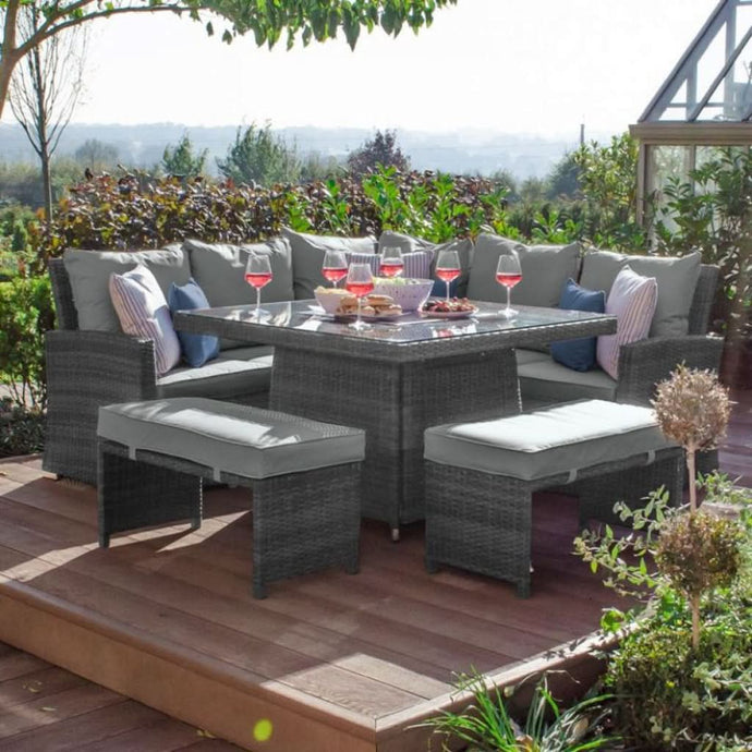 grey corner sofa set with square glass topped firepit table and 2 stools